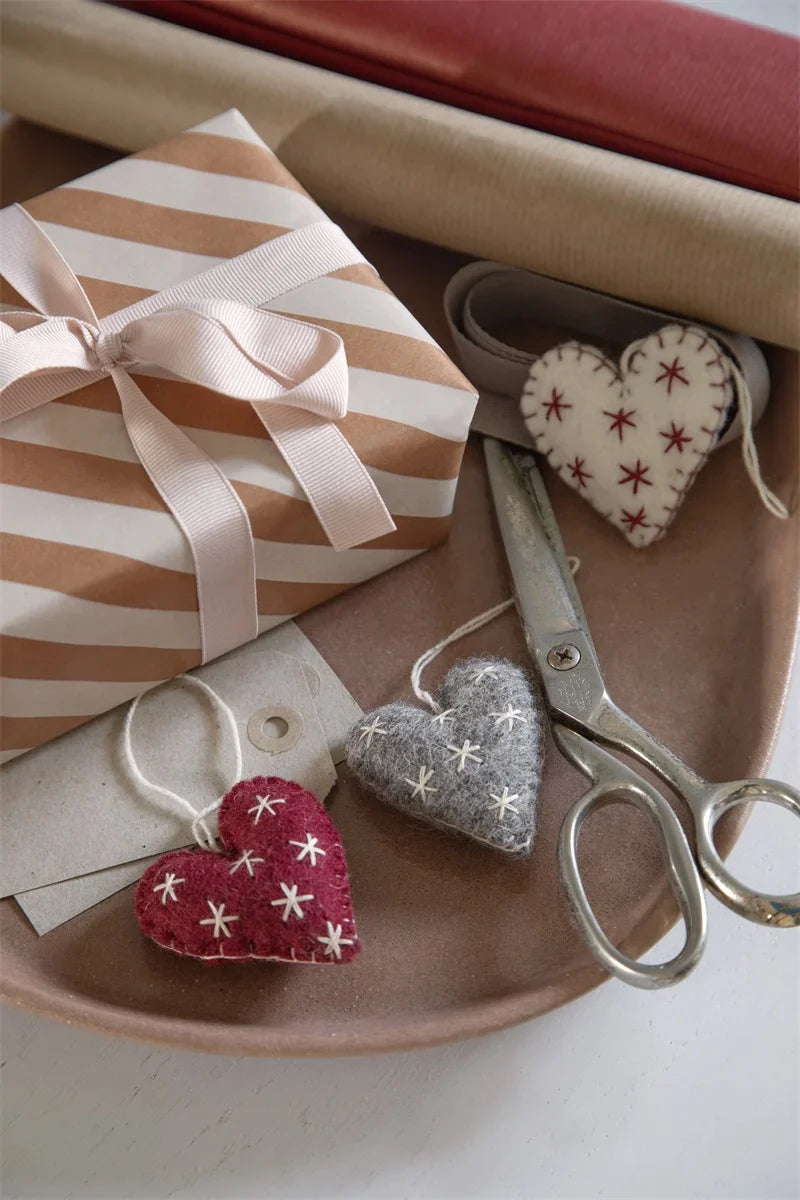 Felt Christmas Tree Decoration - Hearts with Fine Stars (Set of 3)